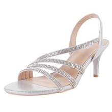 Women's Low Kitten Sandals Silver Strappy Heels Rhinestones Slingback Dance Evening Wedding Shoes