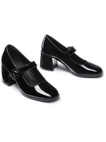Chunky Heels For Women Block Heels Closed Toe Shoes Comfortable Dress Office Pumps - ĐEN-PAT - Xem 4