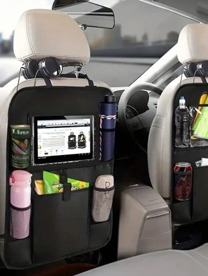 1pc Black Oxford Cloth Car Seat Back Organizer Bag With Anti-Kick Design For Storage Of Tablet And Other Items,Car Accessories