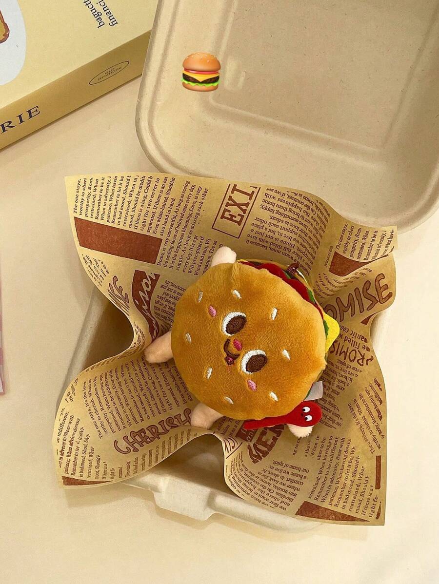 1個漢堡和薯條毛絨玩具娃娃鎖匙扣掛飾,可愛的填充玩偶禮物 - 棕色 - 查看 1