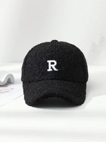 1pc Unisex Plush Baseball Cap With Letter R Decor, Adjustable Head Circumference, Warm Hat For Daily Use - Black - View 1