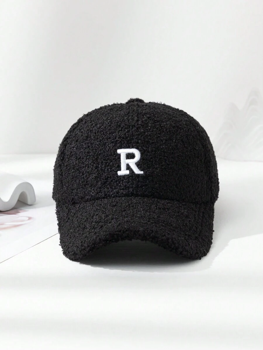 1pc Unisex Plush Baseball Cap With Letter R Decor, Adjustable Head Circumference, Warm Hat For Daily Use - Black - View 1