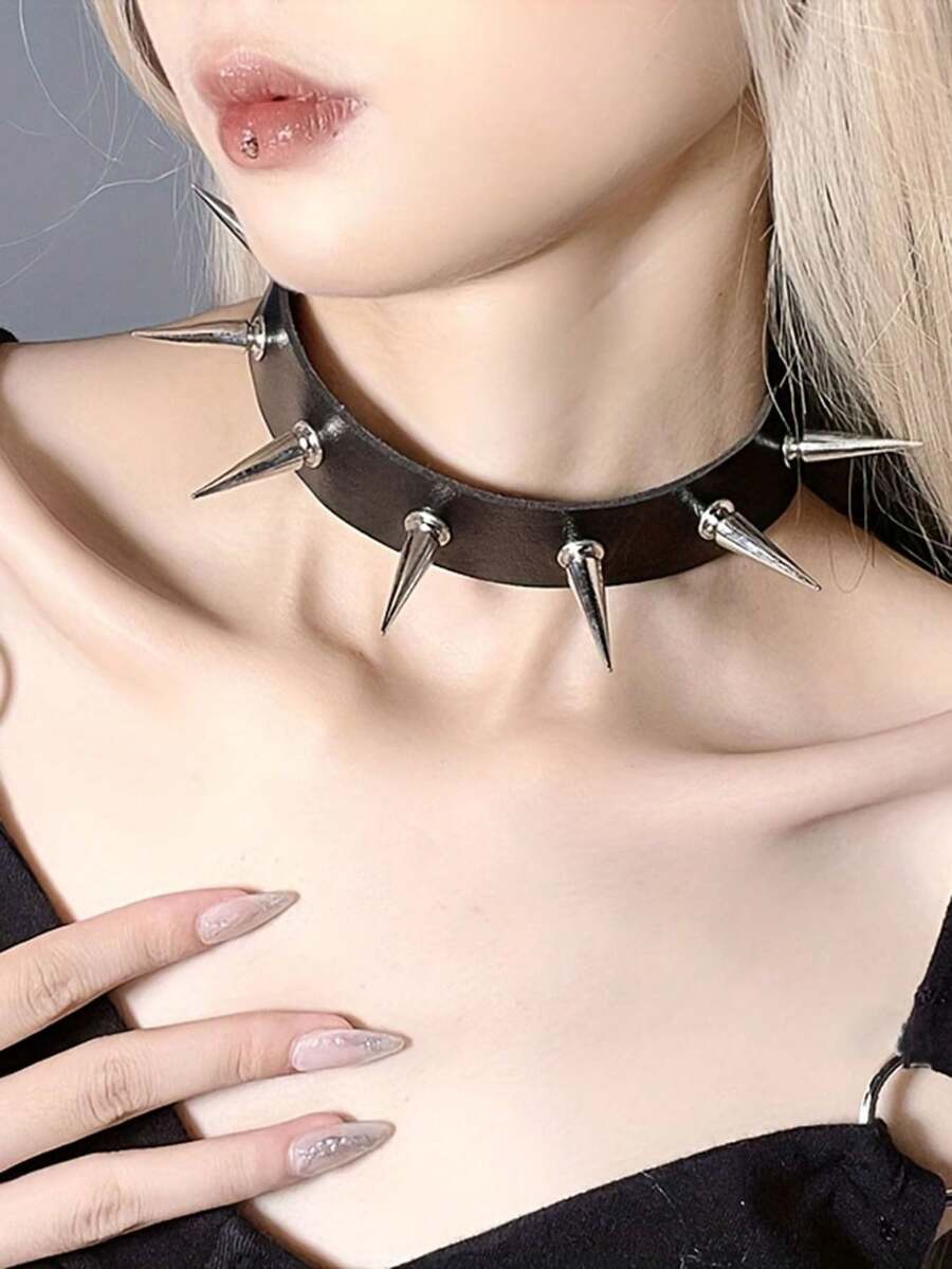 1pc Gothic Style Alloy Black Cone Stud Rivet Dark Punk Leather Personalized Black Collar Necklace For Women Party Halloween Rock Festival