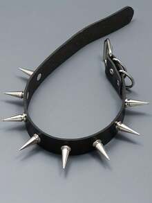 1pc Gothic Style Alloy Black Cone Stud Rivet Dark Punk Leather Personalized Black Collar Necklace For Women Party Halloween Rock Festival - Black - View 4