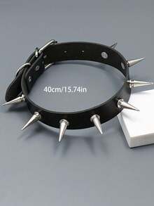 1pc Gothic Style Alloy Black Cone Stud Rivet Dark Punk Leather Personalized Black Collar Necklace For Women Party Halloween Rock Festival - Black - View 5