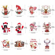 1套12入組聖誕假期裝飾熱轉印貼紙,適用於衣物、枕頭、帽子、布料等,有可愛的聖誕鹿、小狗、老人等印花圖案
