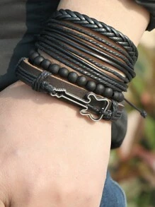 4 件組吉他音樂節手鍊 Diy 套裝,美式歐式風格,流行時尚配件,簡約編織設計,復古皮革材質,禮品