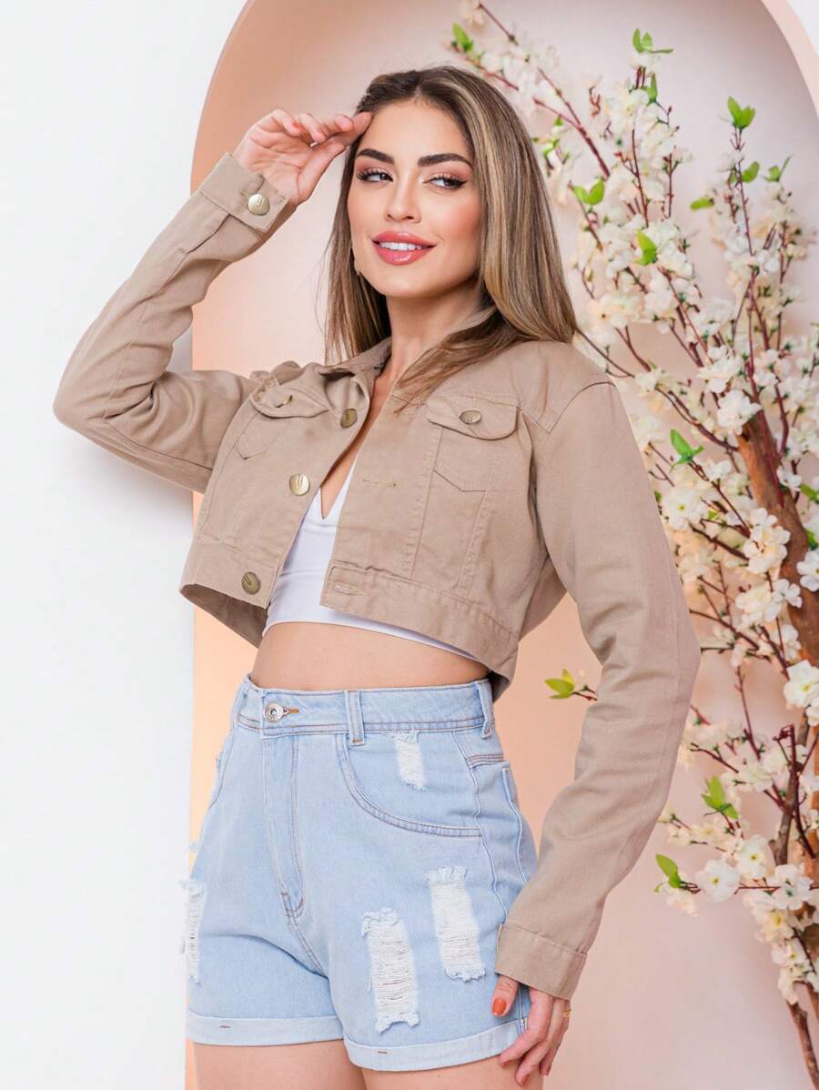 Women Denim Jackets & Coats - Khaki - View 1