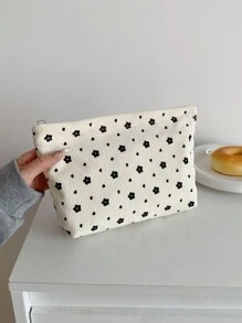 Sac de maquillage en velours côtelé beige à motif floral mignon, sac d'embrayage, sac de cosmétiques en tissu confortable, grande capacité, portable, sac de rangement de voyage avec fermeture éclair, sac de toilette indispensable pour le dortoir. Cadeau pour les filles, fournitures scolaires, accessoires de voyage, sac de maquillage, sac de maquillage, organisateur de maquillage, accessoires de vacances d'hiver, rangement de maquillage, retour aux fournitures scolaires