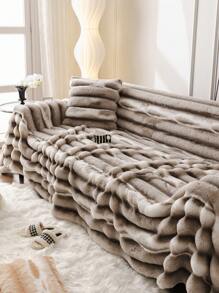 1 件加厚兔毛沙發蓋毯,紮染和抽繩設計,ins 風格通用冬季睡眠蓋毯 - 卡其色 - 查看 6