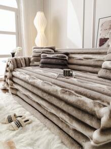 1 件加厚兔毛沙發蓋毯,紮染和抽繩設計,ins 風格通用冬季睡眠蓋毯 - 卡其色 - 查看 2