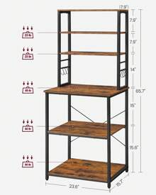 Coffee Bar, Baker's Rack For Kitchen With Storage, 6-Tier Kitchen Shelves With 6 Hooks, Microwave Stand, Industrial, 15.7 X 23.6 X 65.7 Inches, Oak Color And White,Greige And Black,Rustic Brown And Black - Nâu mộc mạc và đen - Xem 6