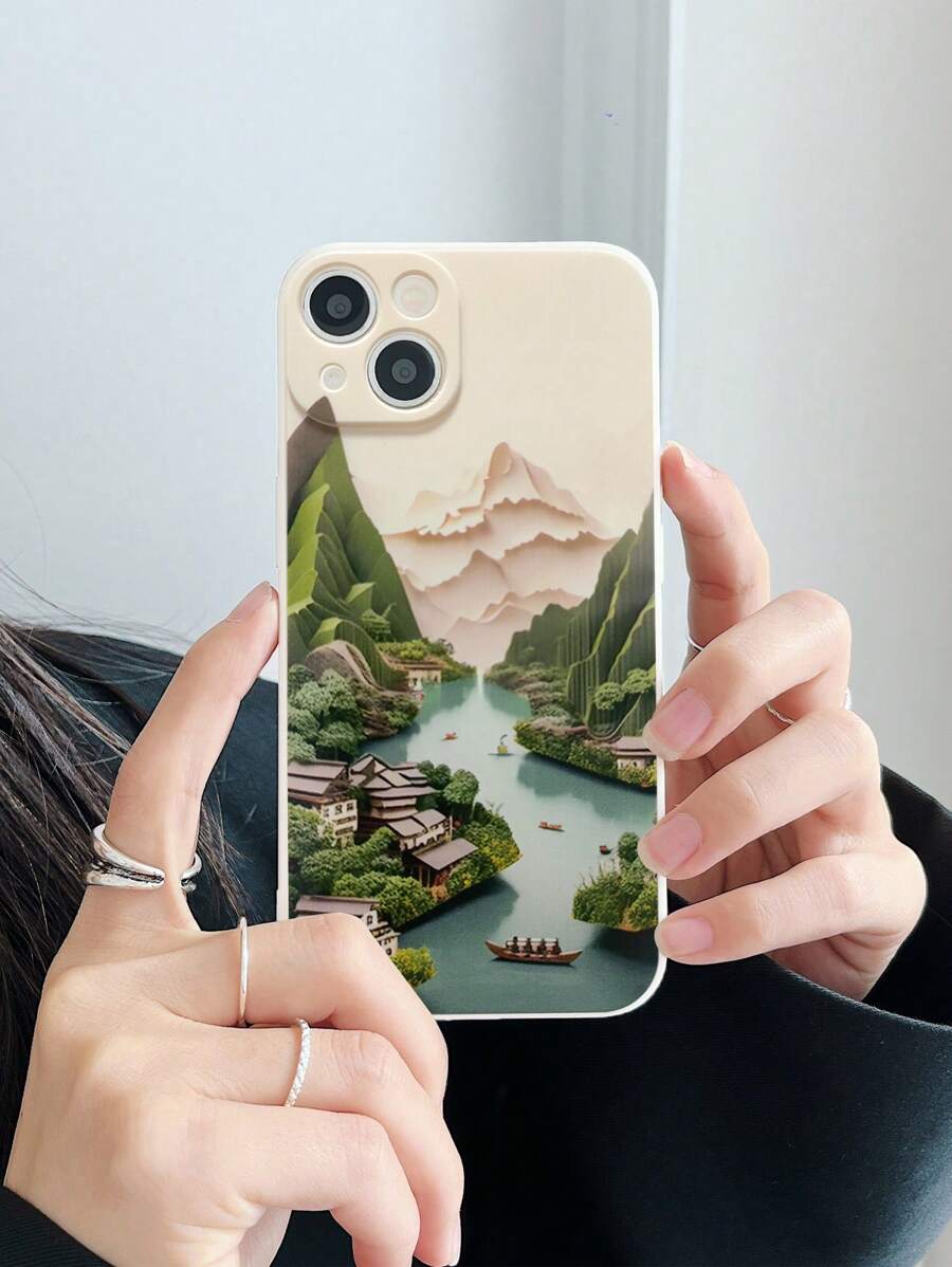 1pc White Phone Case With Small Town Landscape Print, Precise Hole Cutout For Camera, Compatible With Iphone - Multicolor - View 1