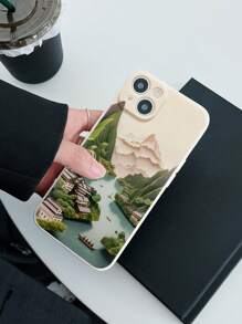 1pc White Phone Case With Small Town Landscape Print, Precise Hole Cutout For Camera, Compatible With Iphone - Multicolor - View 2
