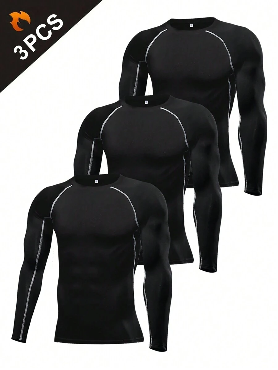 3入組男士壓縮頂部,運動長袖衫,運動基礎襯衫,冬季健身器材