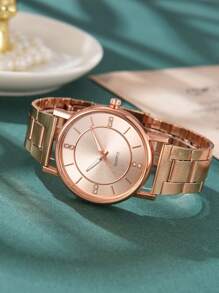 2入組金色不鏽鋼帶女性手錶，簡約精緻設計，帶刻度，時尚配件，愛心手鐲