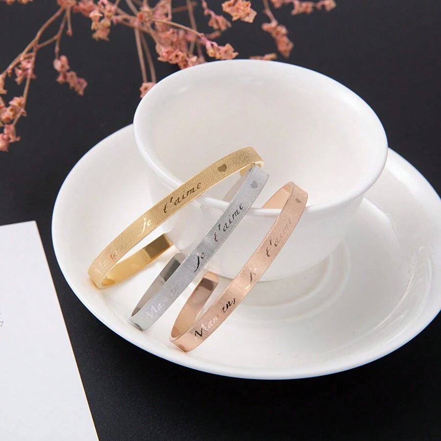 1pc Simple Stainless Steel Cuff Bangle With Heart Shaped Opening - Great Mother's Day Gift - 6MM - View 1