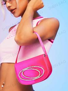 Mini Bolso De Mano Con Decoración De Diamantes De Imitación De Satén Rosa Para Mujer, Adecuado Para Citas Y Fiestas - Rosa Fucsia - Ver 3