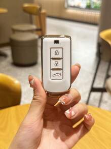1pc Gold-trimmed White 3-button Tpu Car Key Protective Cover Case For Mitsubishi Cars - Multicolor - View 1