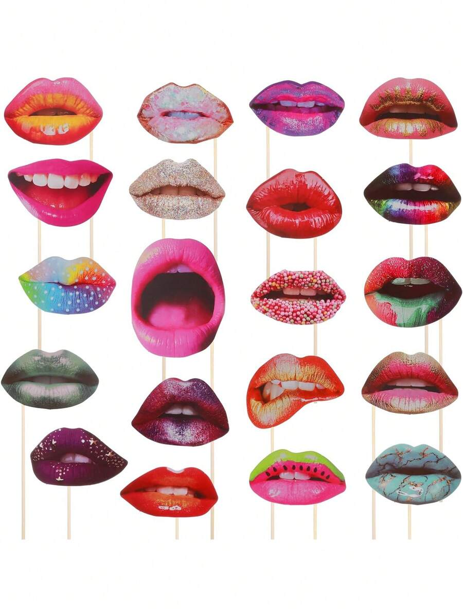 20pcs Funny Mouth Lips Photo Booth Prop, Funny Mouth DIY Set With Wood