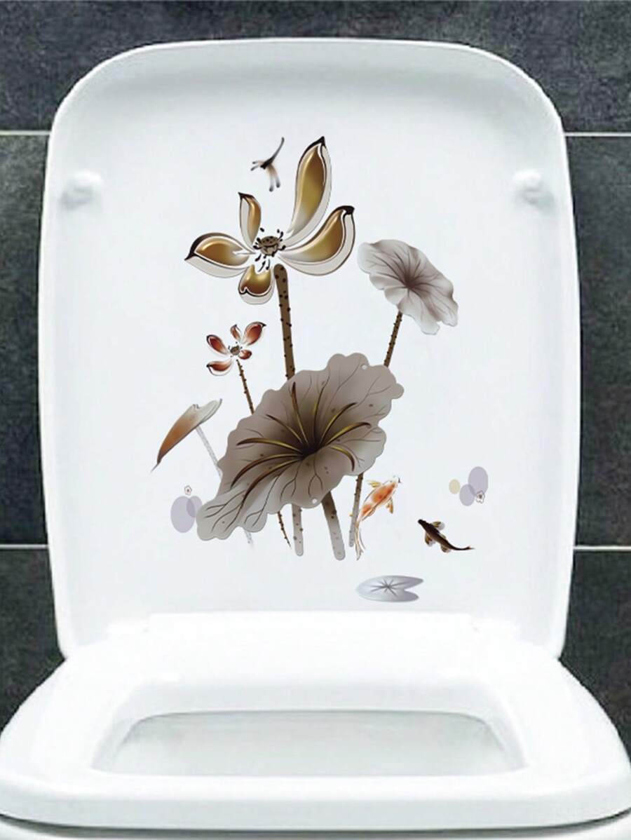 1pc Ink-Style Lotus Carp Fish Toilet Lid Sticker And Wall Decal Home Decor Pvc Waterproof Sticker - Multicolor - View 1