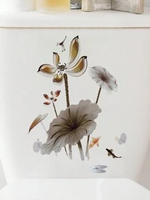 1pc Ink-Style Lotus Carp Fish Toilet Lid Sticker And Wall Decal Home Decor Pvc Waterproof Sticker - Multicolor - View 3