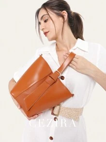 CEZIRA 优雅 PU 皮革时尚顶部手柄水桶包，配有可拆卸内衬包，长肩带斜挎单肩包，女士日常礼物，女士腰包，配有手机钱包套装，纯色腰包，时尚腰包，配有可拆卸肩带