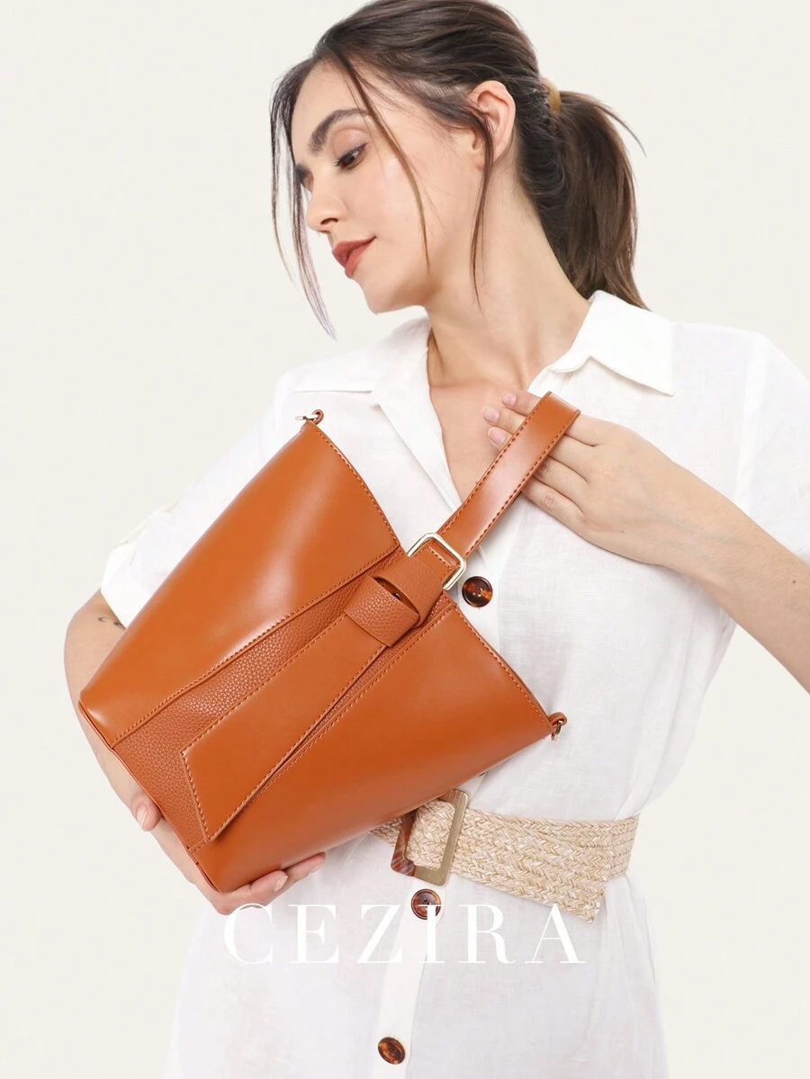 CEZIRA 优雅 PU 皮革时尚顶部手柄水桶包，配有可拆卸内衬包，长肩带斜挎单肩包，女士日常礼物，女士腰包，配有手机钱包套装，纯色腰包，时尚腰包，配有可拆卸肩带
