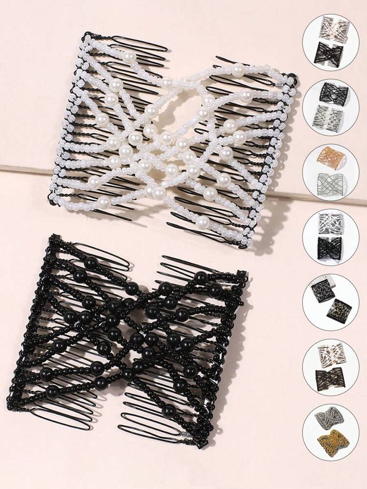 2pcs Faux Pearl Beaded Hair Comb Set Casual Hair Bun Hair Pin Hair Bun Maker Bun Hair Piece Hair Styling Pins, School Stuff, Hair Accessories, Head Accessories