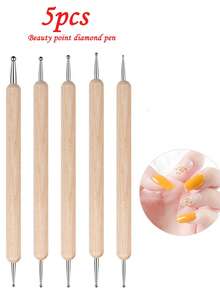 5pcs Simple Solid Wood Nail Art Brushes, Nail Dotting Pen, Rhinestone Placement Pen, Double-ended Tool Pen - Multicolor - View 4