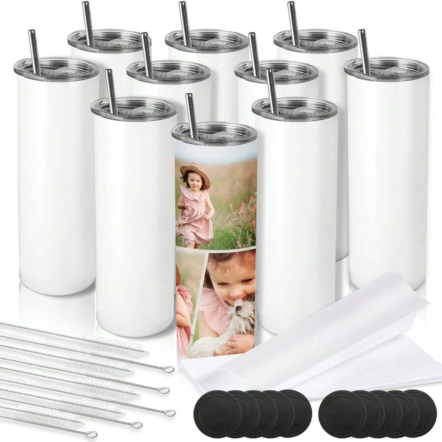 8 Pack Sublimation Tumblers - 20 Oz Skinny Stainless Steel Insulated Blank Cups With Lids, Straws & Gift Boxes For DIY