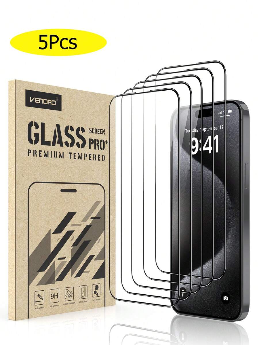 5Pcs Premium HD Film Anti-Scratch Full Coverage Tempered Glass Screen Protector Compatible With IPhone 12 Pro Max 6.7" - Black - View 1