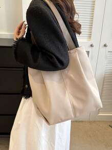 1pc Fashionable Color Block Casual Simple Lightweight Shoulder Tote Bag School Bag,Back To School Backpack,Large Capacity,Portable,Lightweight, Suitable For Teen Girls Women College Students, Perfect For Back To School,First Day Of School,College,Middle School, High School - Khaki - View 5