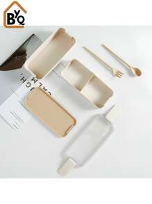 BYQ Bento Lunch Box For Adults Stackable 3 In 1 Compartment Wheat Straw Meal Prep Containers Lunch Box With Spoon And Fork 900ml - Beige - View 3