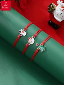 3入組可愛的紅色和綠色編織蠟線手鏈,帶有聖誕元素的鋅合金吊墜(聖誕老人,雪人,聖誕樹),是聖誕節送給女性的絕佳禮物