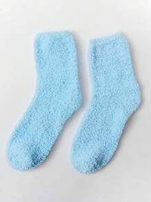 1雙秋冬女士袜子加厚保暖珊瑚絨地板袜毛茸茸柔軟糖果色彩可愛袜子