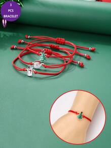 3入組可愛的紅色和綠色編織蠟線手鏈,帶有聖誕元素的鋅合金吊墜(聖誕老人,雪人,聖誕樹),是聖誕節送給女性的絕佳禮物