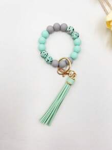 1pc Pu Leather Fringe & Silicone Beaded Keychain & Bracelet - Green - View 12