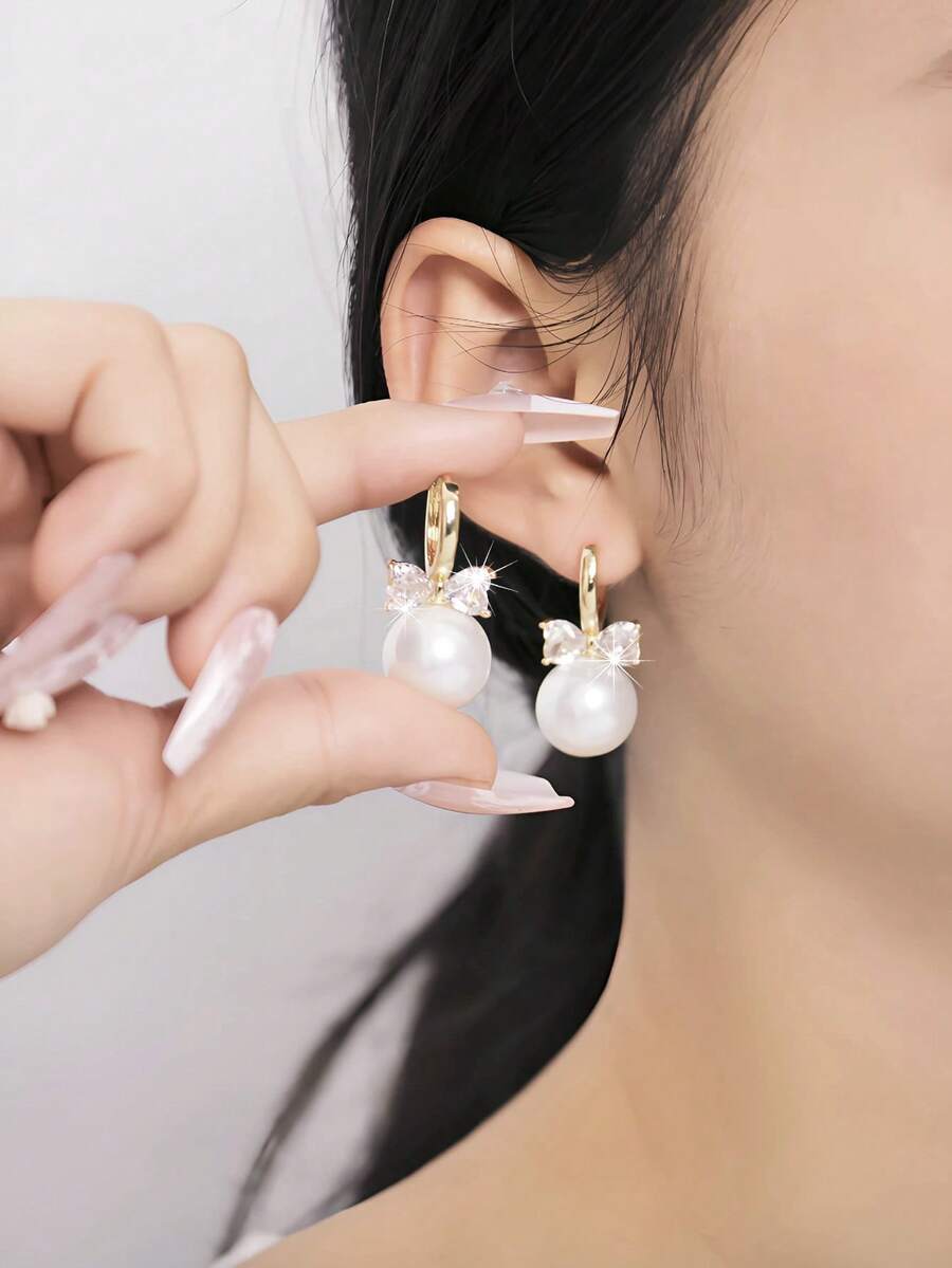 1pair Copper Inlaid Rhinestone Butterfly & Baroque Pearl Design Earrings Suitable For Women's Daily Wear - Multicolor - View 1