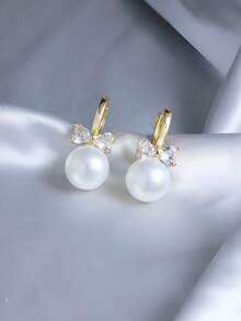 1pair Copper Inlaid Rhinestone Butterfly & Baroque Pearl Design Earrings Suitable For Women's Daily Wear - Multicolor - View 2