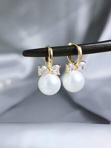 1pair Copper Inlaid Rhinestone Butterfly & Baroque Pearl Design Earrings Suitable For Women's Daily Wear - Multicolor - View 5