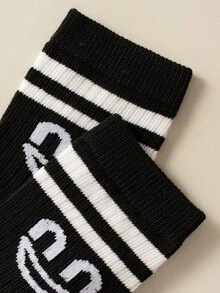 10 雙兒童黑色羅紋雙槓運動襪,有趣的表情圖案,舒適的圓襪適合日常穿著 - 黑與白 - 查看 4