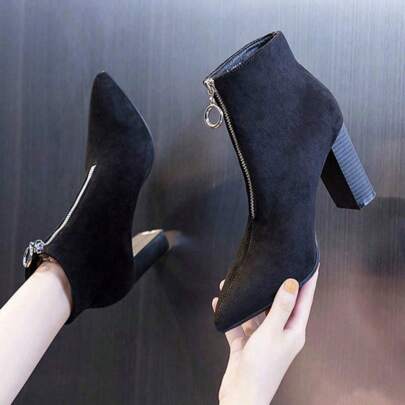 Stivali Neri Corti In Velluto A Costine Con Tacco Largo, Rivestiti Di Pelliccia, Con Cerniera Anteriore Per Donne, Autunno E Inverno