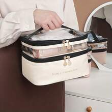 1pc Black Double Layer Cosmetic Bag - Black - View 2