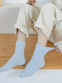 1雙秋冬女士袜子加厚保暖珊瑚絨地板袜毛茸茸柔軟糖果色彩可愛袜子