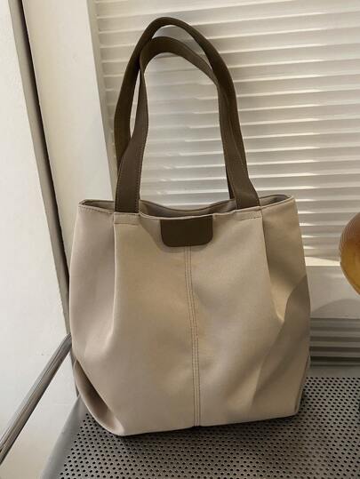 1 件时尚拼色休闲简约轻便单肩托特包书包，返校背包，大容量，便携，轻便，适合少女女大学生，非常适合返校、开学第一天、大学、初中、高中