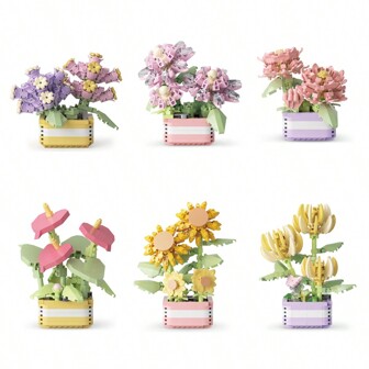 Diversos tipos de mini conjuntos de bloques de construcción de flores en macetas de plástico, juguetes educativos de ensamblaje de partículas mini, girasoles y rosas, adecuados para decoraciones de jardín interior del hogar, la primera opción para regalos de nuevos hogares y decoración de habitaciones