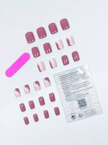 24pcs Simple Stripe & Solid Color Short Square False Nails For Nail Art Decoration - Multicolor - View 2