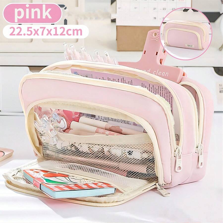 1只女生大容量美學鉛筆盒,帶有大學風格,可愛的文具拉鍊袋,適合學生的學習用品 - 粉色 - 查看 1