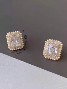 1pair 2024 Classic & Ladies Ear Studs Recommend For Spring, Made Of Pure Brass By Micro Inlaying Cubic Zirconia/Oblong Flash Stone And Decorated With Pure White Rice Beads/Luxury Style. Suitable For Ladies' Party/Wedding/Business/Everyday Wear - Gold - View 9